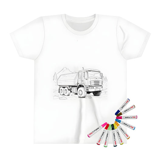 Kids t-shirt featuring a fun black and white truck illustration for colouring with 10 fabric markers