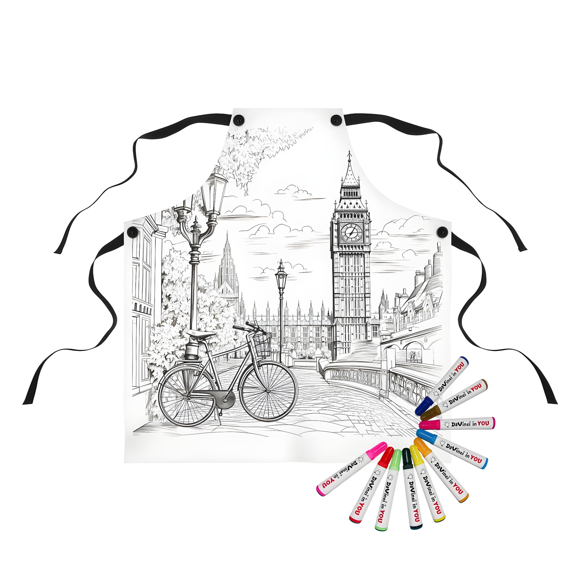 London clock tower apron illustration featuring Big Ben, bicycles, street lamps and architectural details