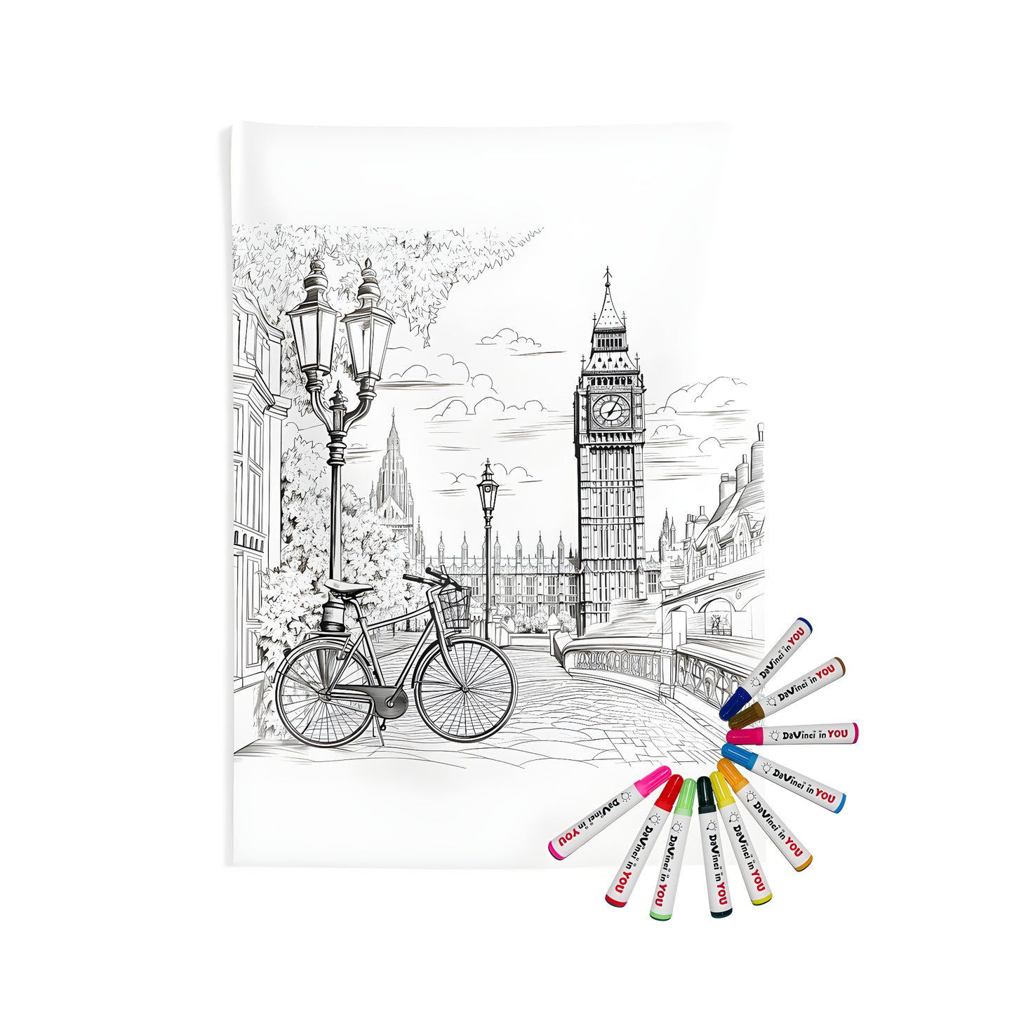 London clock tower wall tapestry with bicycle and street lamps