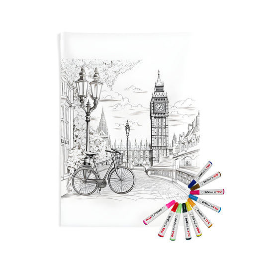 London clock tower wall tapestry with bicycle and street lamps