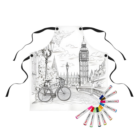 Illustrated apron featuring iconic Elizabeth Tower, London landmark clock tower, with bicycle and street lamps