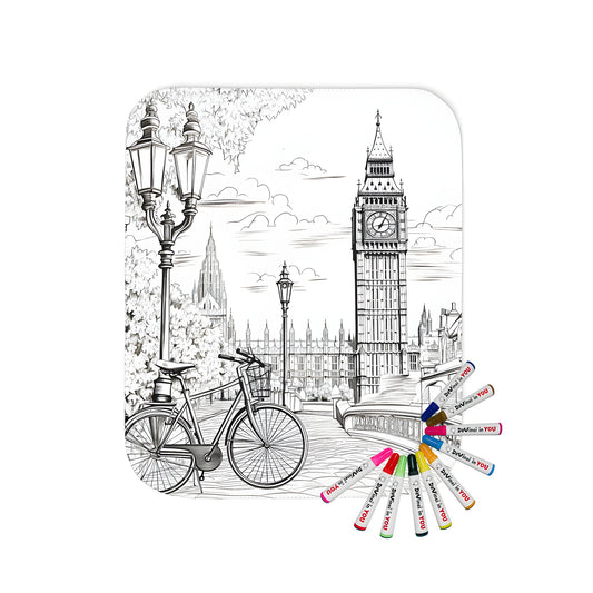 Blanket with a detailed London landmark illustration of the iconic clock tower, also known as the Elizabeth Tower, featuring a bicycle and street lamps in the foreground