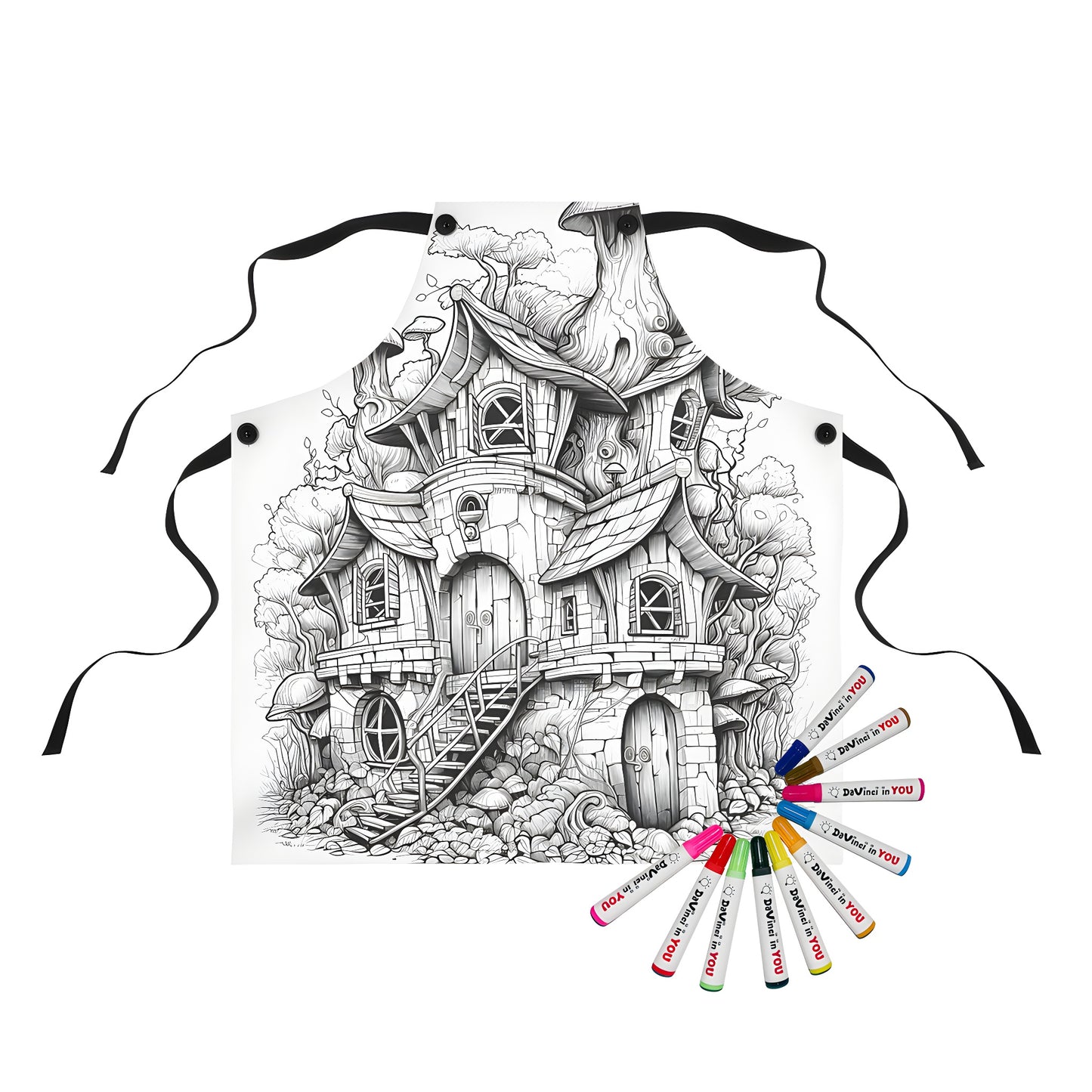 Whimsical fantasy mansion apron for kids, featuring an enchanted castle illustration with magical mushrooms and trees