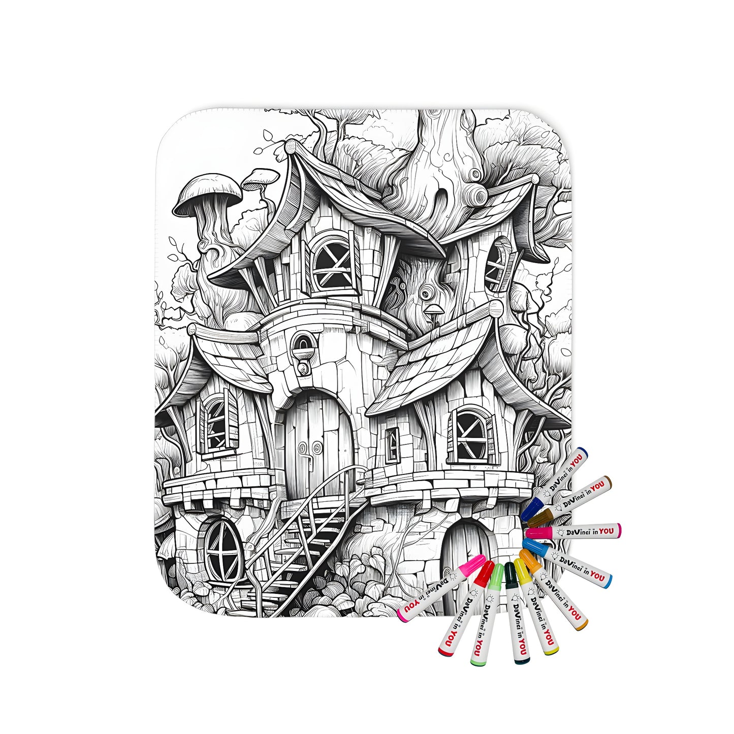 Whimsical fantasy mansion blanket design featuring a black-and-white illustration of a magical castle with large mushrooms in a forest setting.