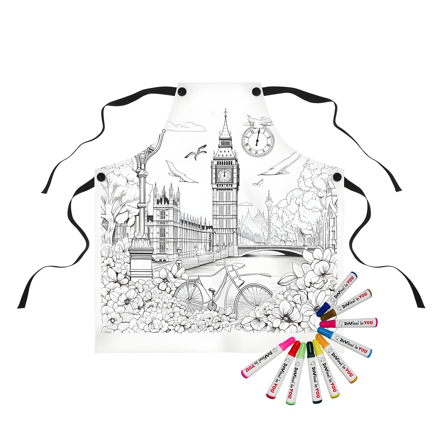 Apron with Big Ben illustration featuring a London landmark design, adorned with flowers, bicycle and flying birds for a unique coloring kit