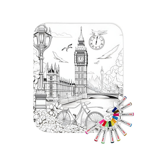 Cozy blanket featuring an iconic illustration of the London landmark, Big Ben, surrounded by vibrant flowers, bicycles, and birds, perfect for adults and kids alike.