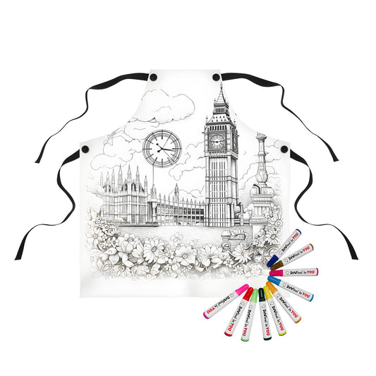 Apron featuring an intricate black and white drawing of Big Ben clock tower, a London bridge, flowers, and vintage bicycle set against a scenic sky.