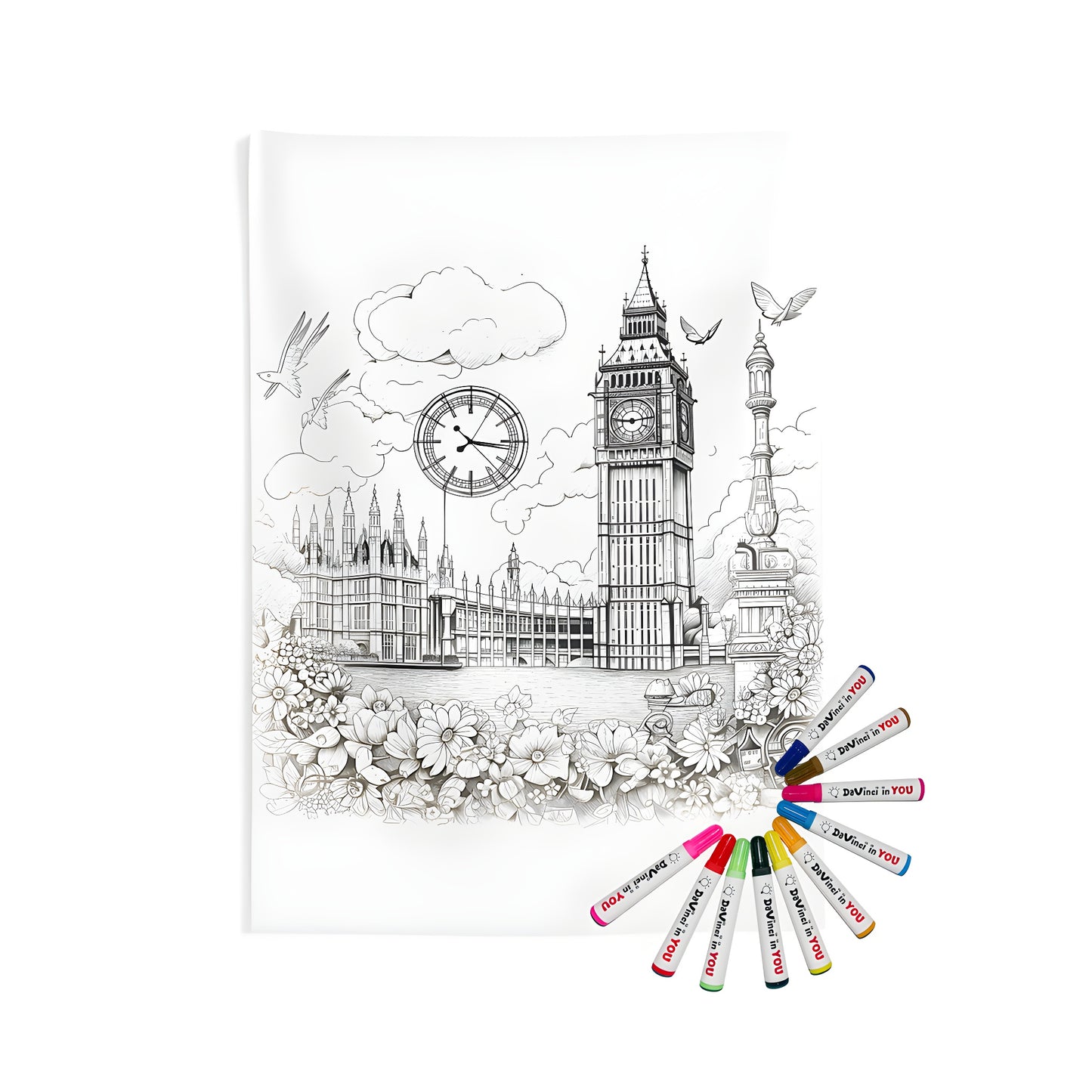 Intricate black and white drawing of London's iconic clock tower, a bridge, flowers, and an old bicycle, set against a scenic sky, printed on a soft Indoor Wall Tapestries