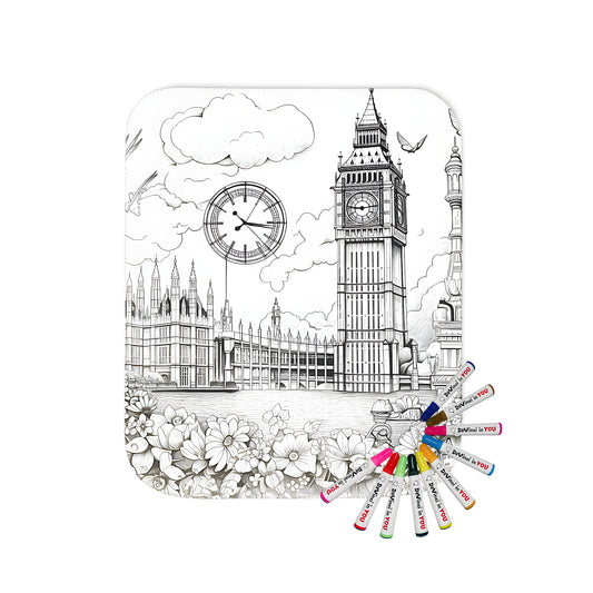 Blanket featuring intricate black and white drawing of London landmark, iconic clock tower, historic Parliament building's famous facade, scenic sky with bridge and flowers, all on soft fabric