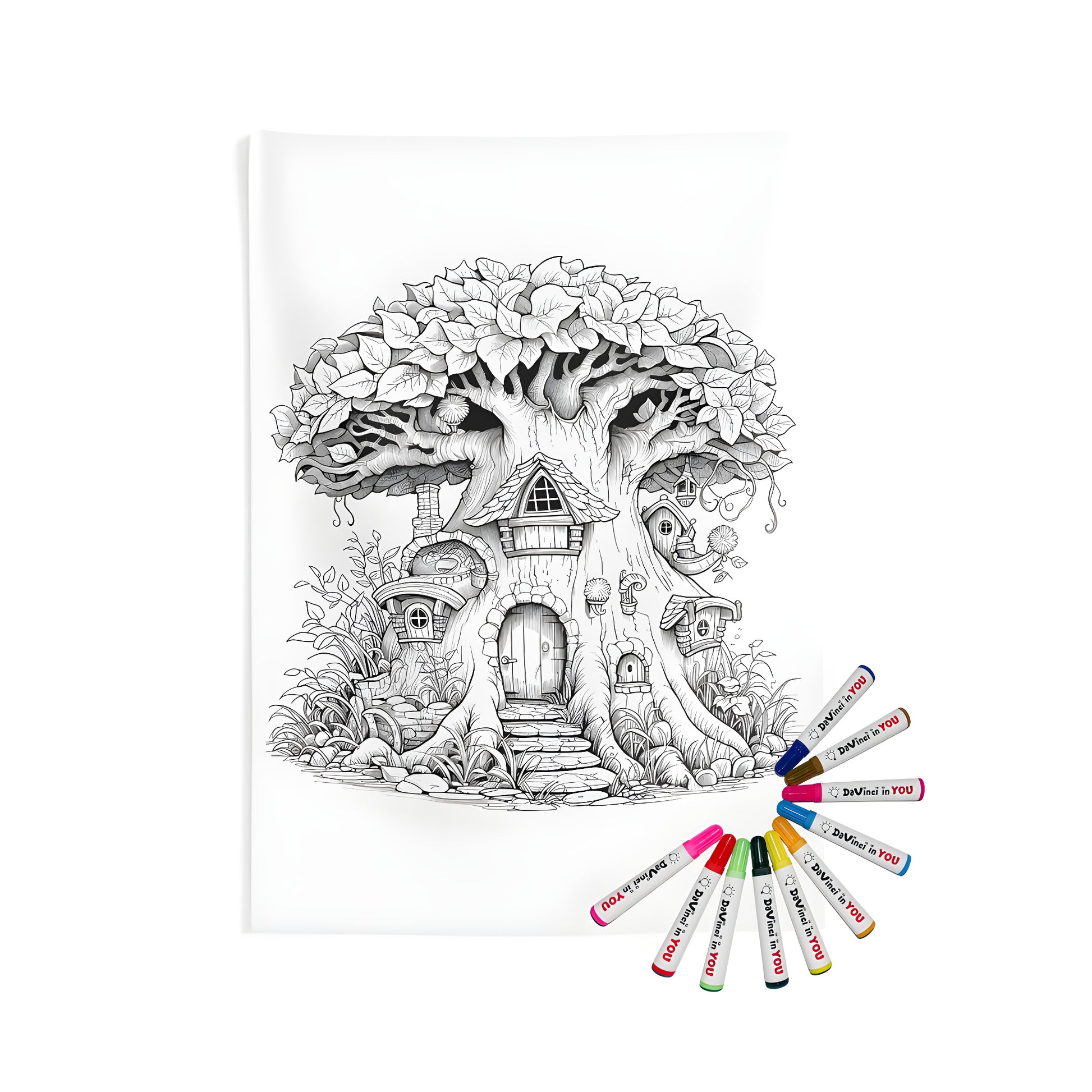 Whimsical treehouse home decor wall tapestry with fabric markers for adult coloring book enthusiasts