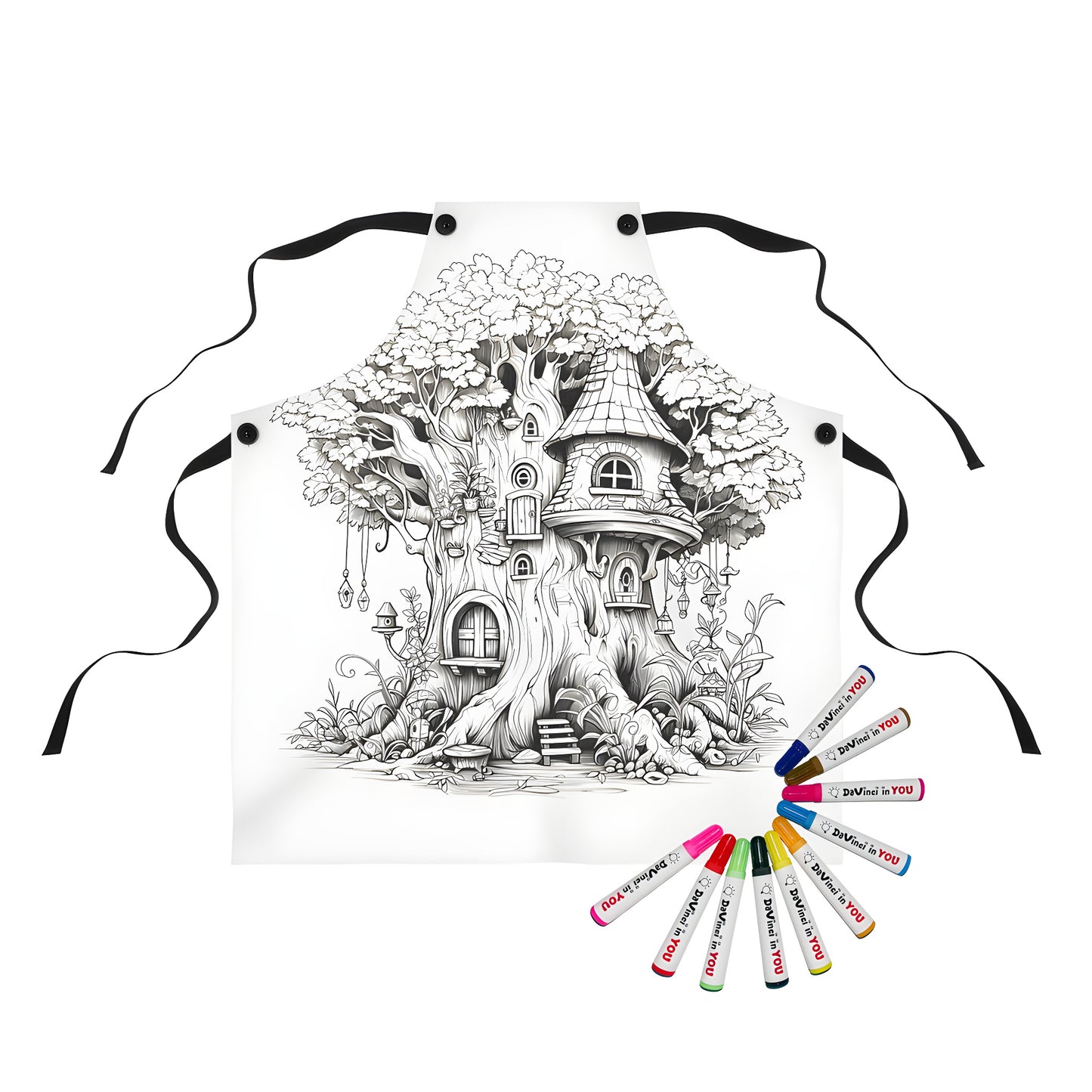 Apron featuring an enchanting whimsical treehouse illustration, complete with intricate details and colorful charm.