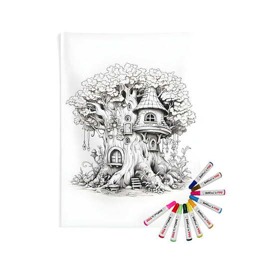 Indoor wall tapestries artwork, detailed illustration of enchanted forest treehouses with whimsical doors and windows