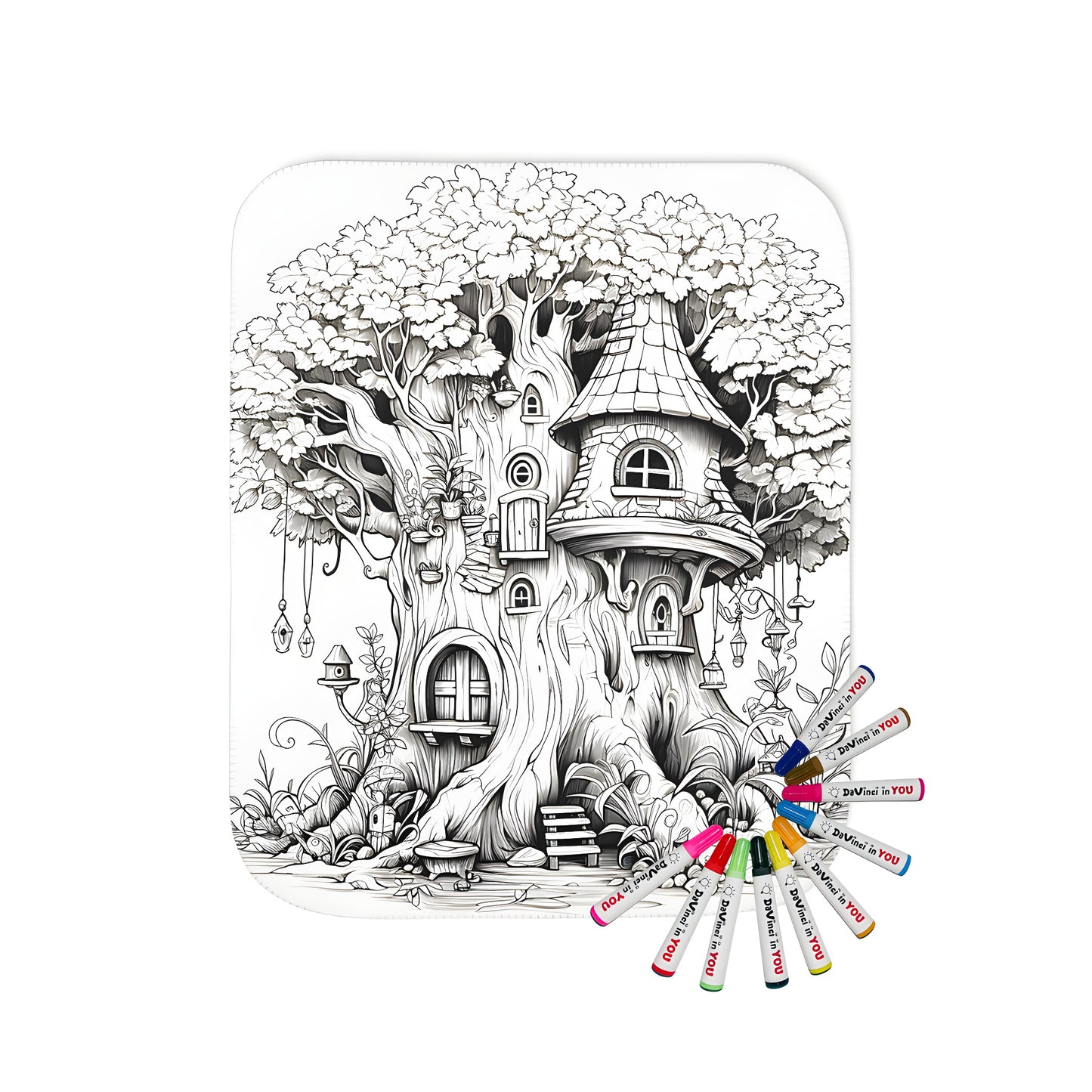 Cozy blanket featuring an enchanting whimsical illustration of a fantasy fairy dwelling within a majestic tree trunk