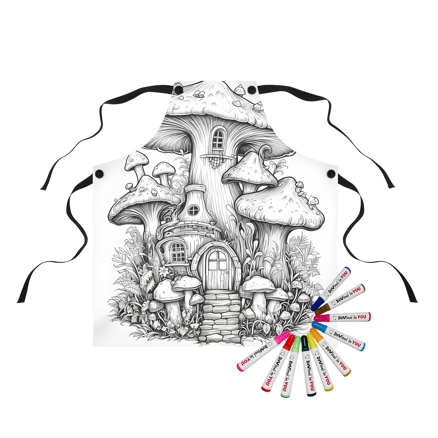 Colorful apron featuring an illustration of a whimsical mushroom house with intricate details