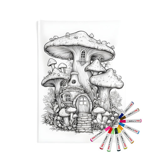 A detailed indoor wall tapestry featuring an enchanting mushroom house illustration, surrounded by lush greenery and vibrant plants. Perfect for any nature lover's home.