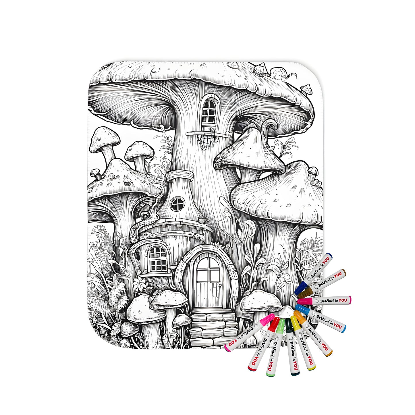 Cozy blanket with an enchanting mushroom home illustration, perfect for adults and kids alike