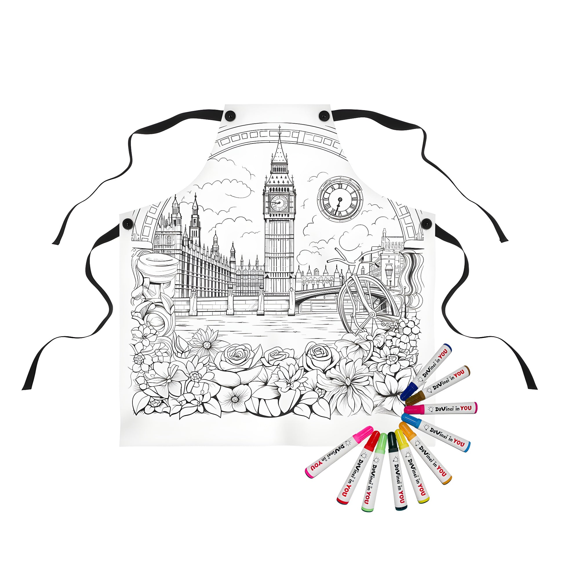 Colorful apron featuring an intricate black and white illustration of Big Ben, London landmarks, and whimsical details