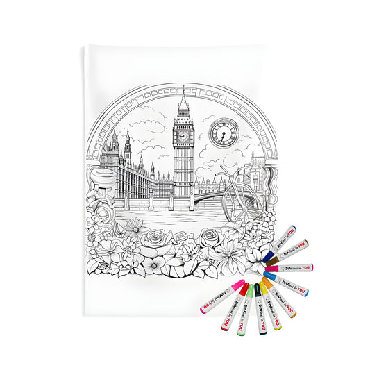 Intricate black and white illustration of Big Ben in London, surrounded by flowers and a bicycle