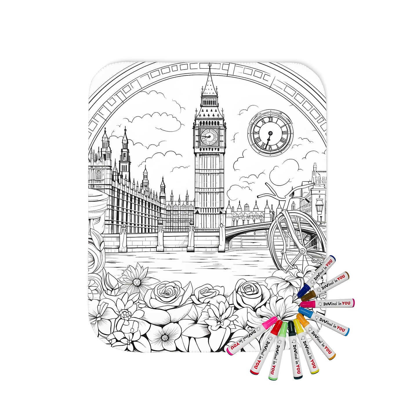 Coloring blanket featuring an intricate black and white illustration of Big Ben in London, surrounded by flowers and a bicycle. Part of the historic landmarks coloring page series.