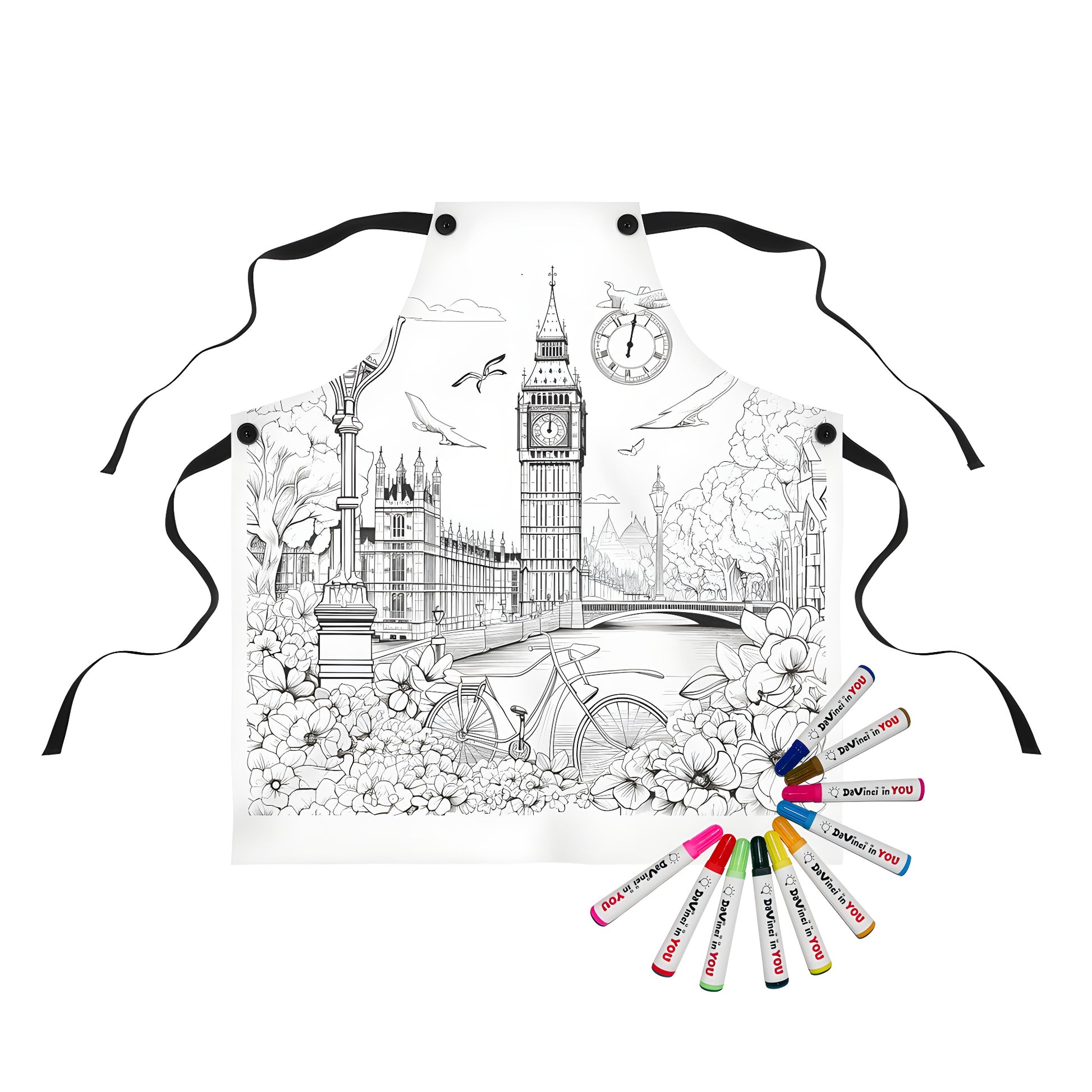 Coloring apron featuring iconic London landmark, Elizabeth Tower, and surrounding floral elements