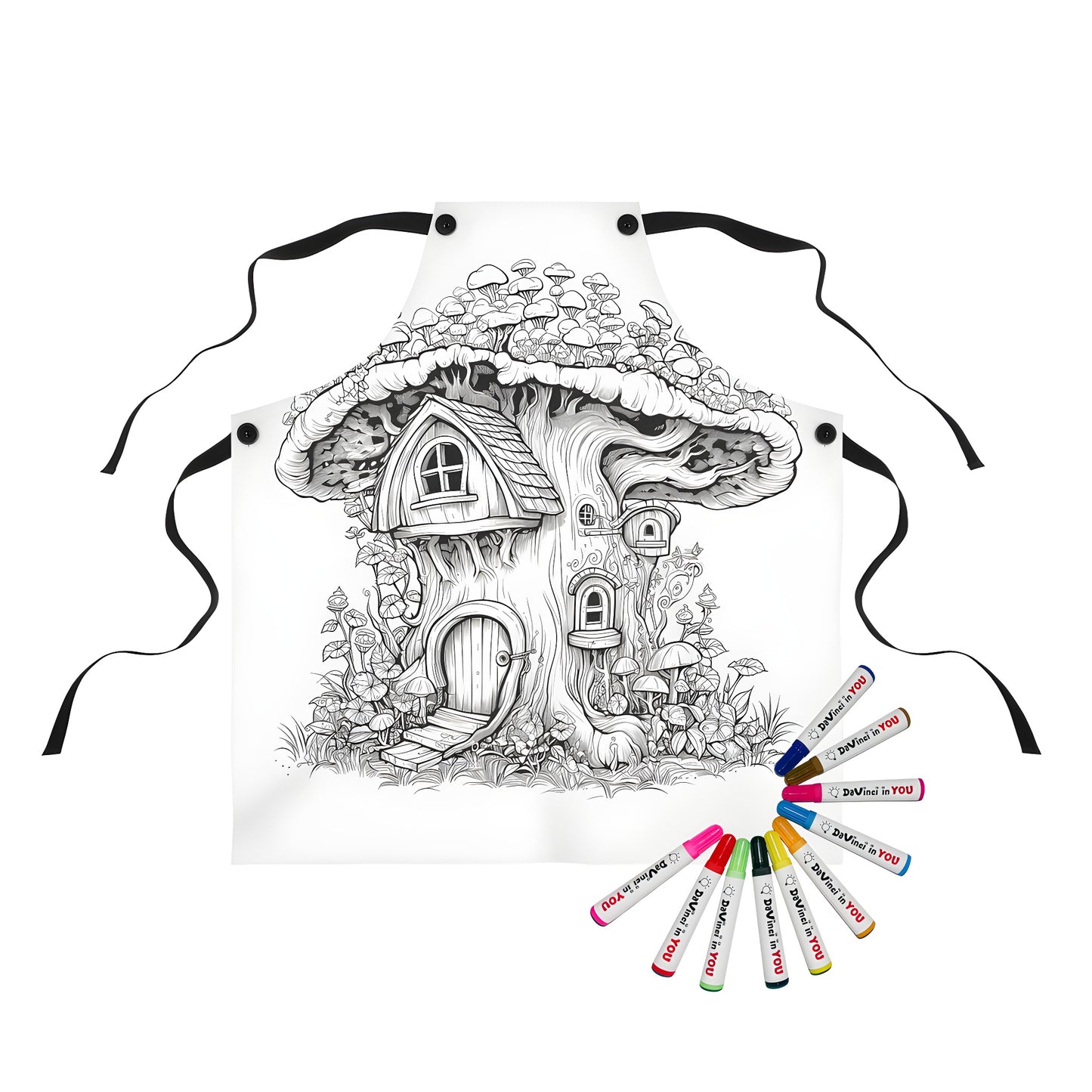 Whimsical mushroom house apron with colorful details and fabric markers