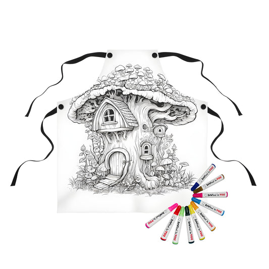 Whimsical mushroom house apron with colorful details and fabric markers