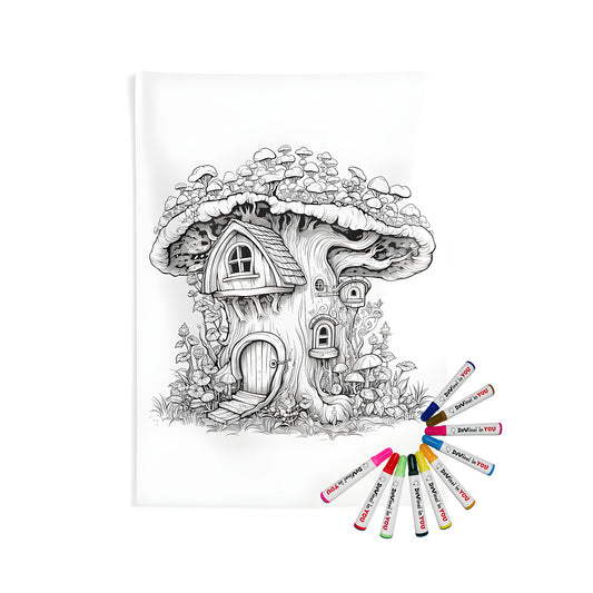 Whimsical fairy house coloring page illustration, Indoor Wall Tapestry, detailed black and white mushrooms interior, surrounding plants, artistic print