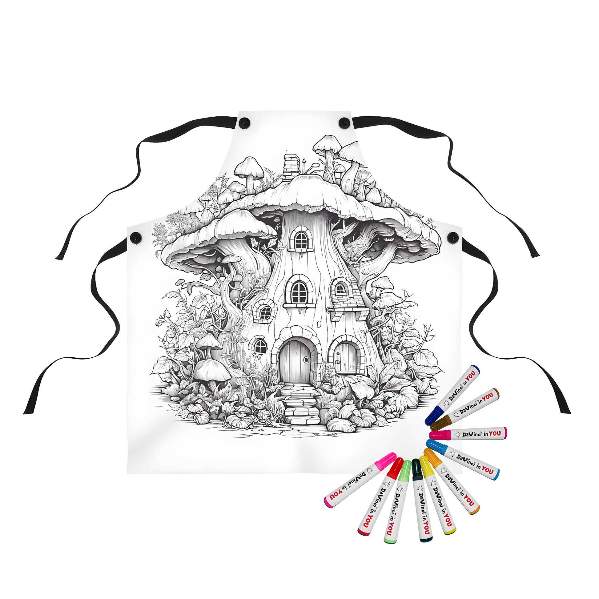 Coloring apron featuring a detailed black-and-white fantasy house with mushrooms and plants