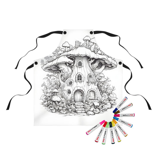 Coloring apron featuring a detailed black-and-white fantasy house with mushrooms and plants