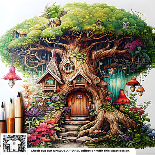 Beautifully detailed wooden treehouse integrated with nature featuring colorful flowers, vibrant mushrooms, and artistic brushes. A whimsical enchanted cottage nestled in the forest.