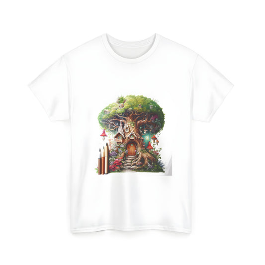 Colorful Unisex T-shirt with intricate tree house design featuring flowers and mushrooms