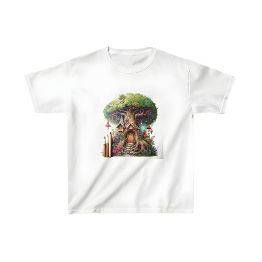 Colorful fairy tale treehouse graphic on kids t-shirt