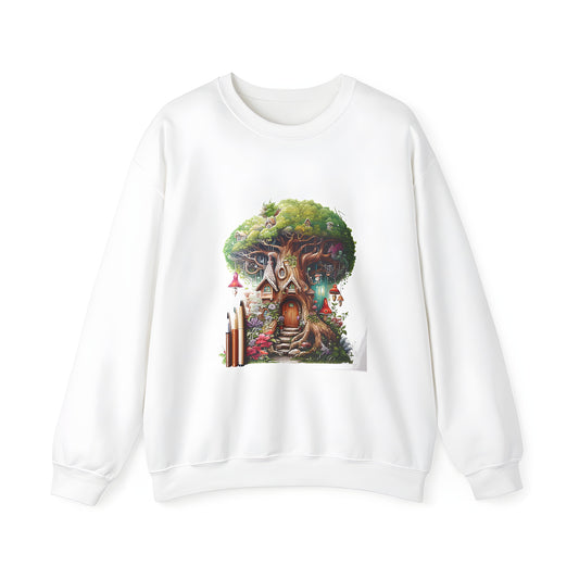 Adult sweatshirt featuring beautifully detailed treehouse integrated with nature, flowers, mushrooms, and artistic brushes