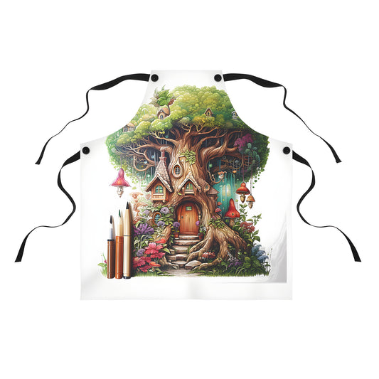 Colorful apron with whimsical treehouse design, featuring flowers, mushrooms, and artistic details