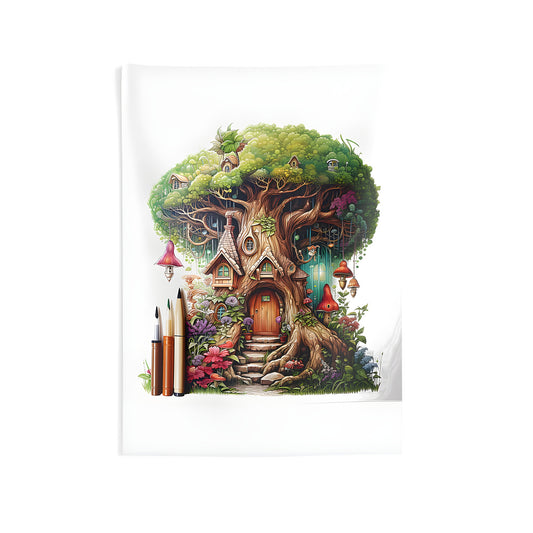 Indoor wall tapestries with whimsical treehouse design featuring flowers and mushrooms, perfect for home decor. Includes keywords: treehouse, nature-inspired, bohemian, fantasy, magic garden