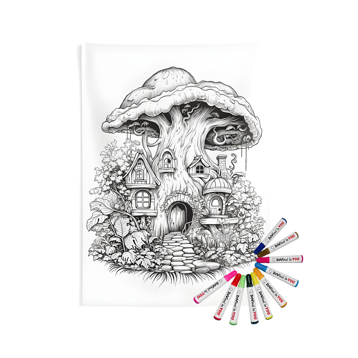 Whimsical indoor wall tapestries featuring an intricate black and white drawing of a fantasy mushroom abode surrounded by lush plants and a stone pathway