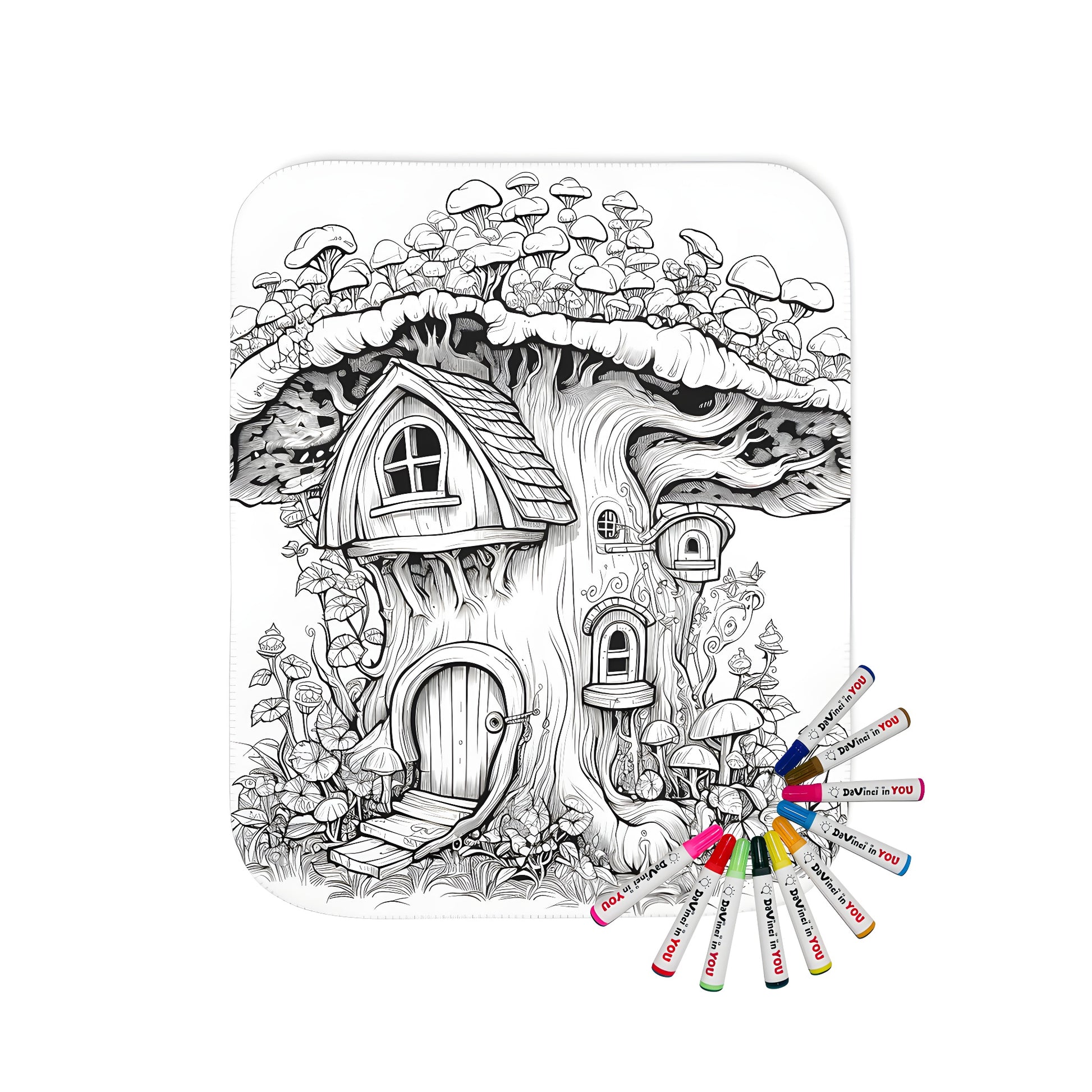 Cozy blanket with whimsical mushroom house pattern - detailed illustration of a fantasy forest scene