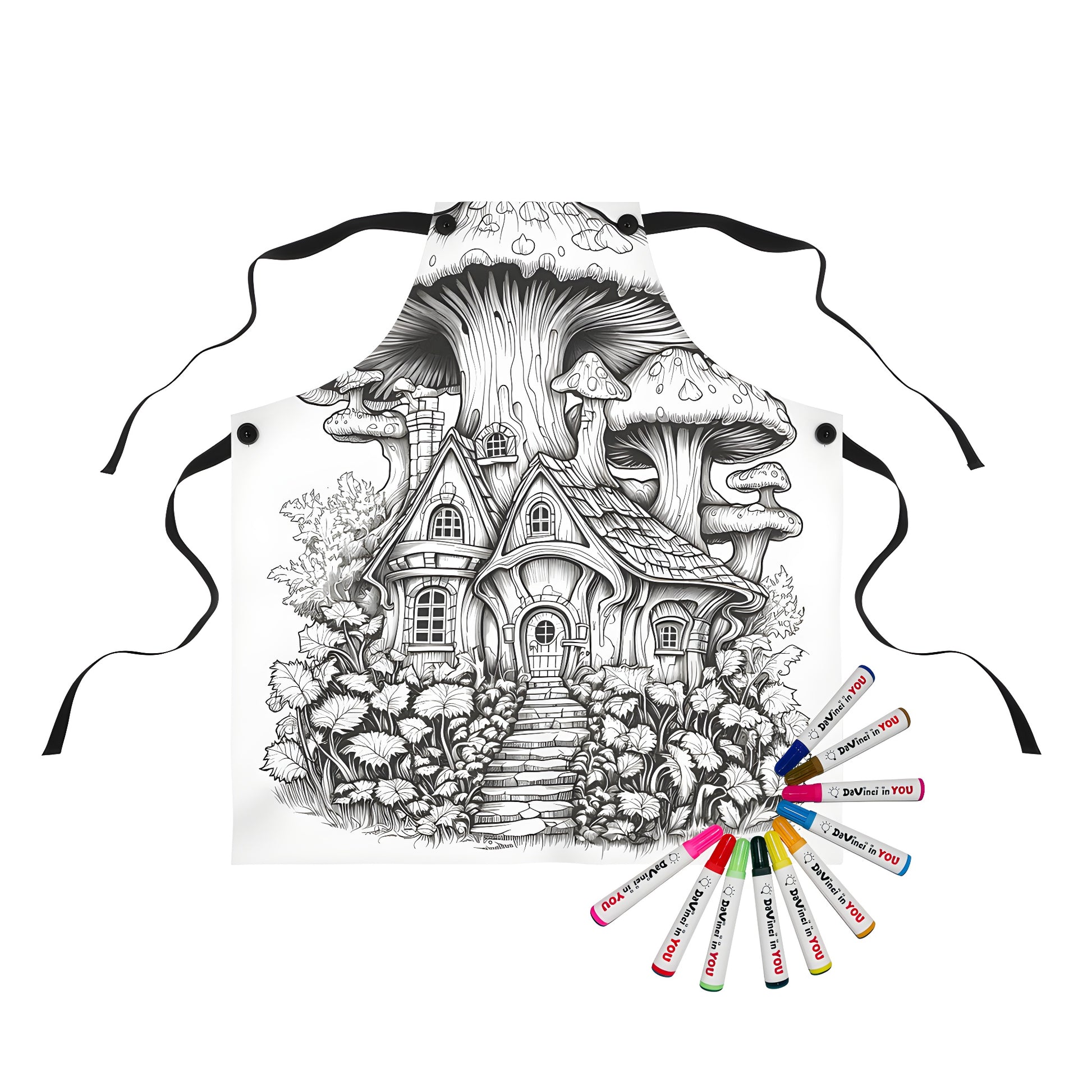 Whimsical apron with colorful mushroom house design for kids and adults alike