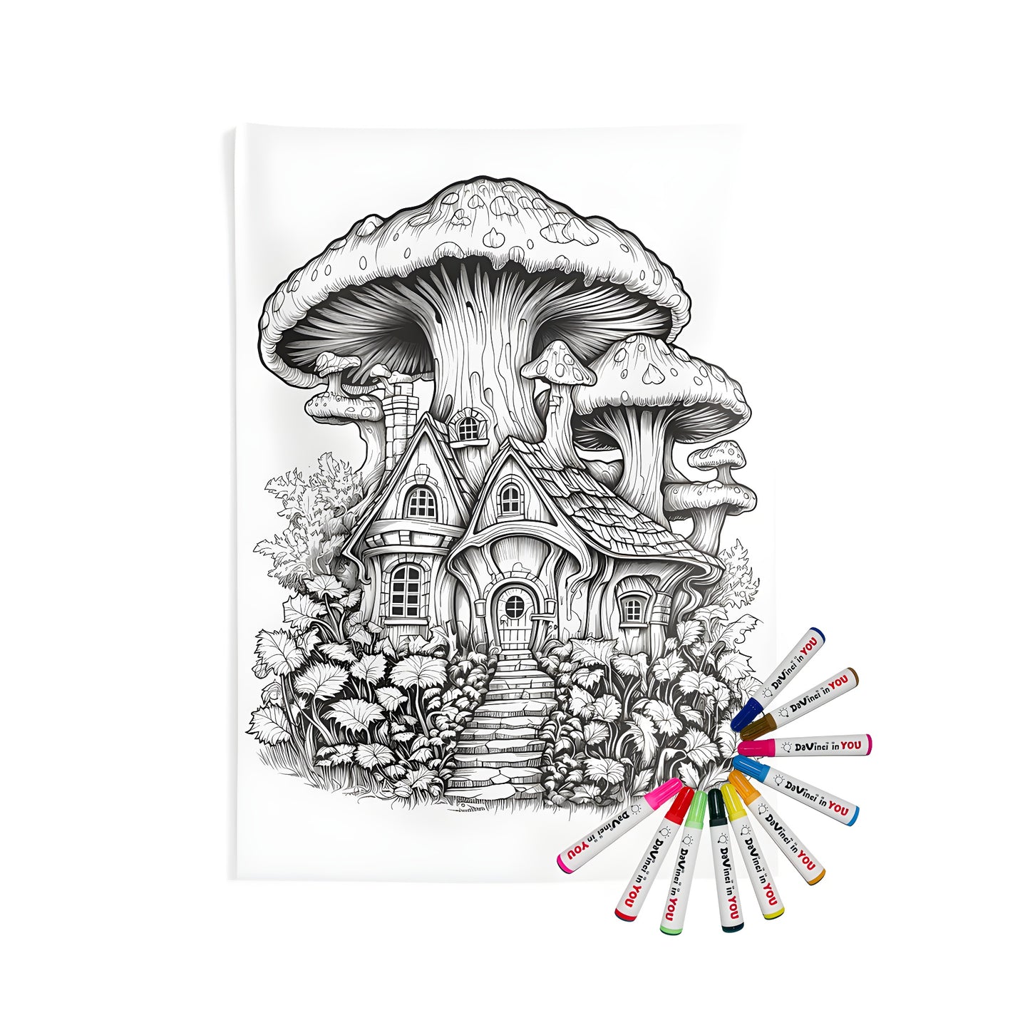 Whimsical house wall tapestry featuring a mushroom house with colorful toadstools and lush surroundings