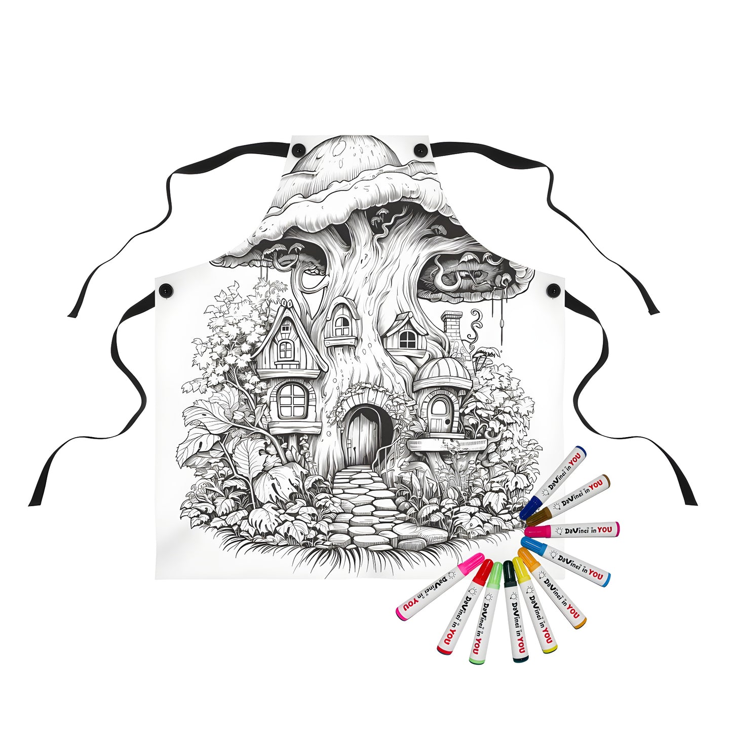 Coloring apron featuring a whimsical fantasy mushroom abode design, complete with detailed black and white illustrations of multiple doors, windows, and lush greenery. Perfect for the little artist in your life.