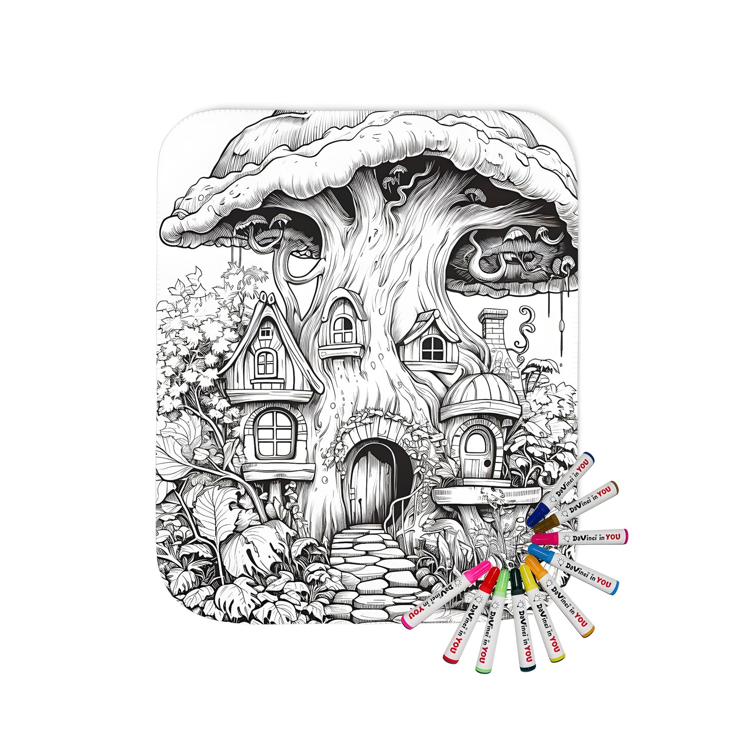 Blanket featuring detailed drawing of whimsical fantasy house made of mushrooms, with multiple doors and windows surrounded by lush vegetation