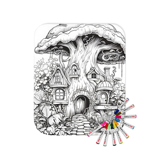 Blanket featuring detailed drawing of whimsical fantasy house made of mushrooms, with multiple doors and windows surrounded by lush vegetation