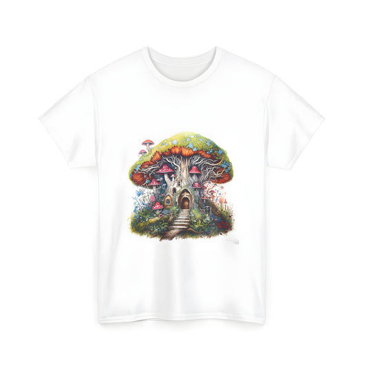 A whimsical Unisex T-shirt featuring a colorful mushroom-inspired house design, complete with door and windows, set amidst vibrant plants and trees.