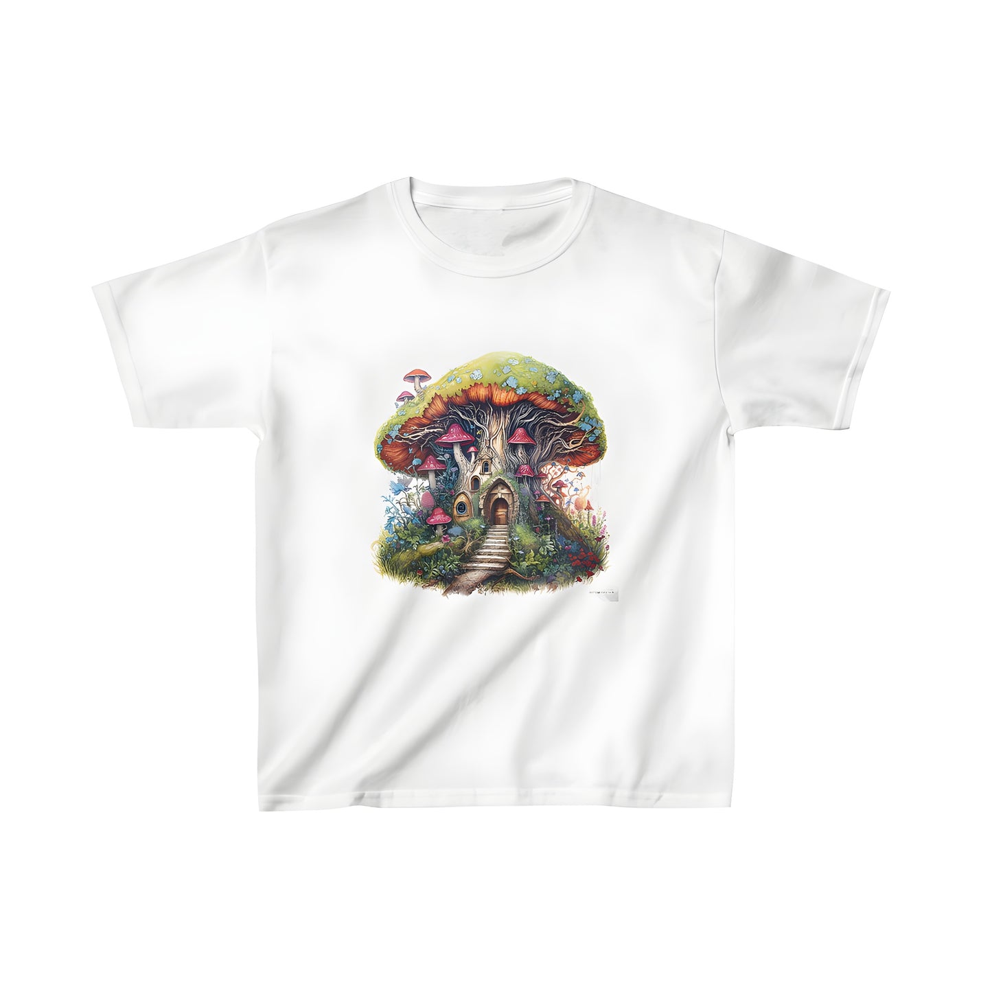 Colorful whimsical mushroom house print on kid's t-shirt