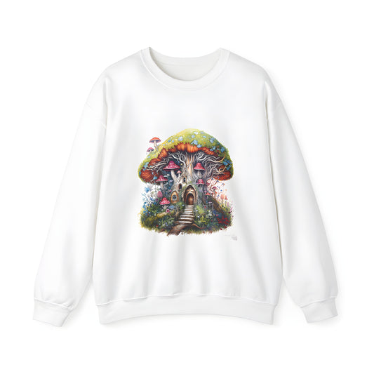 Adult sweatshirt featuring whimsical mushroom house design, vibrant plants and trees, comfortable casual wear