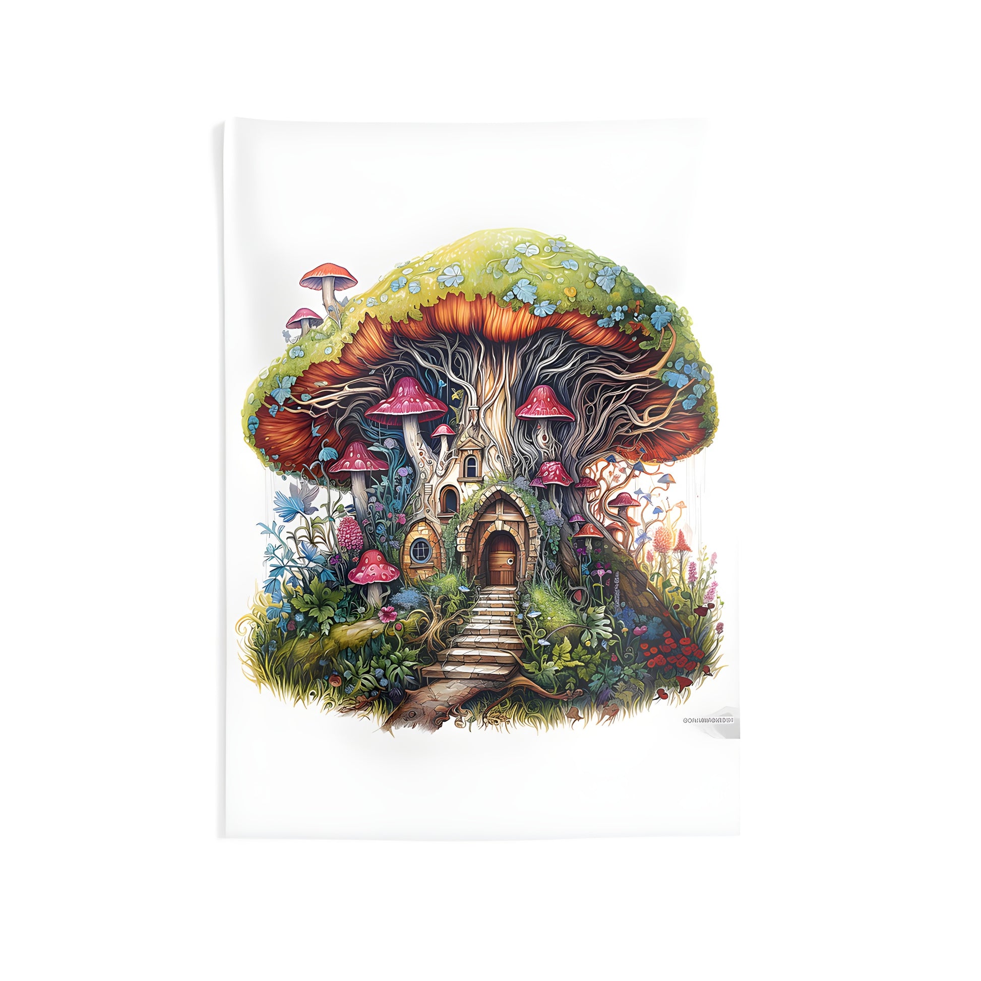 Indoor wall tapestry with colorful whimsical mushroom house door windows surrounded by vibrant plants trees