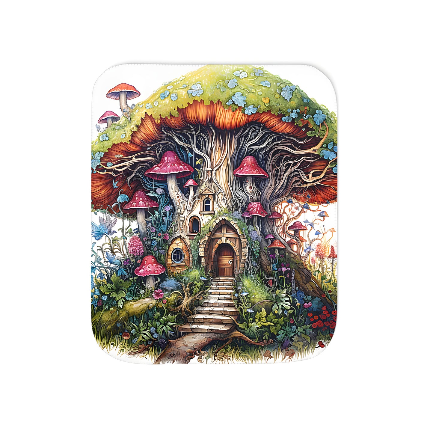 A colorful blanket featuring a whimsical fungi cottage with a door and windows, surrounded by lush greenery and vibrant flowers