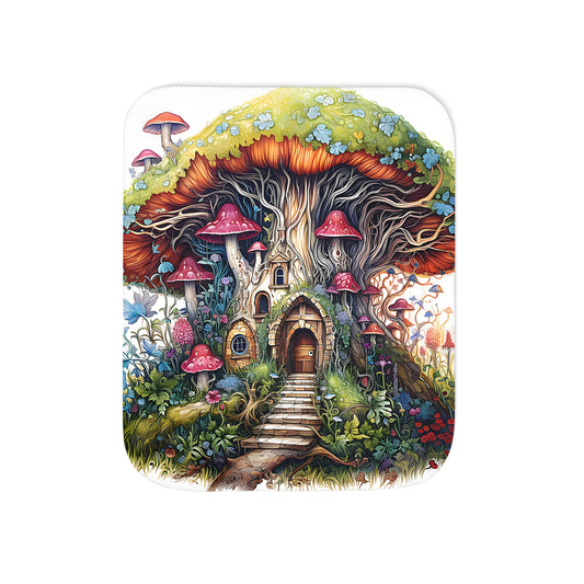 A colorful blanket featuring a whimsical fungi cottage with a door and windows, surrounded by lush greenery and vibrant flowers