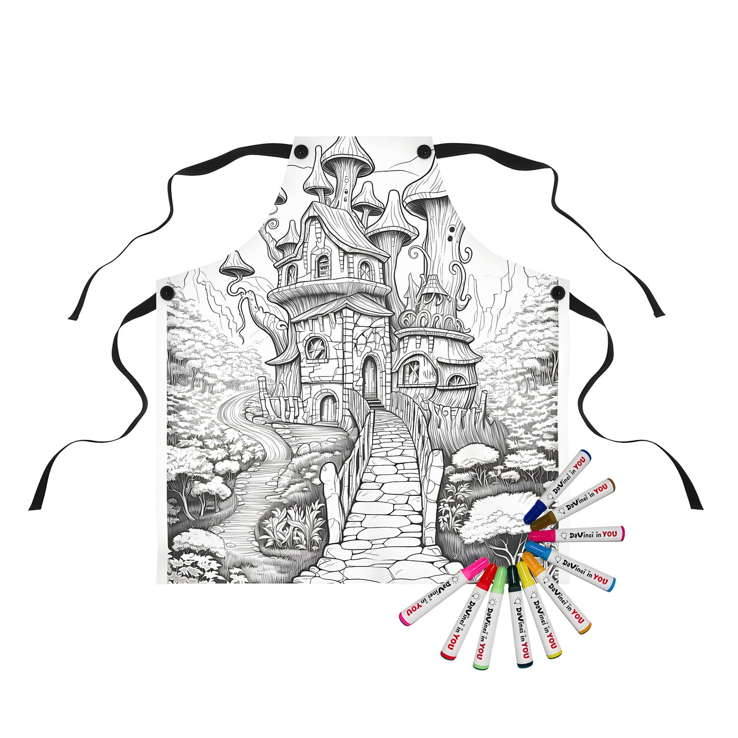 Apron featuring a whimsical mushroom cap house design in a fantasy forest scene with stone pathway