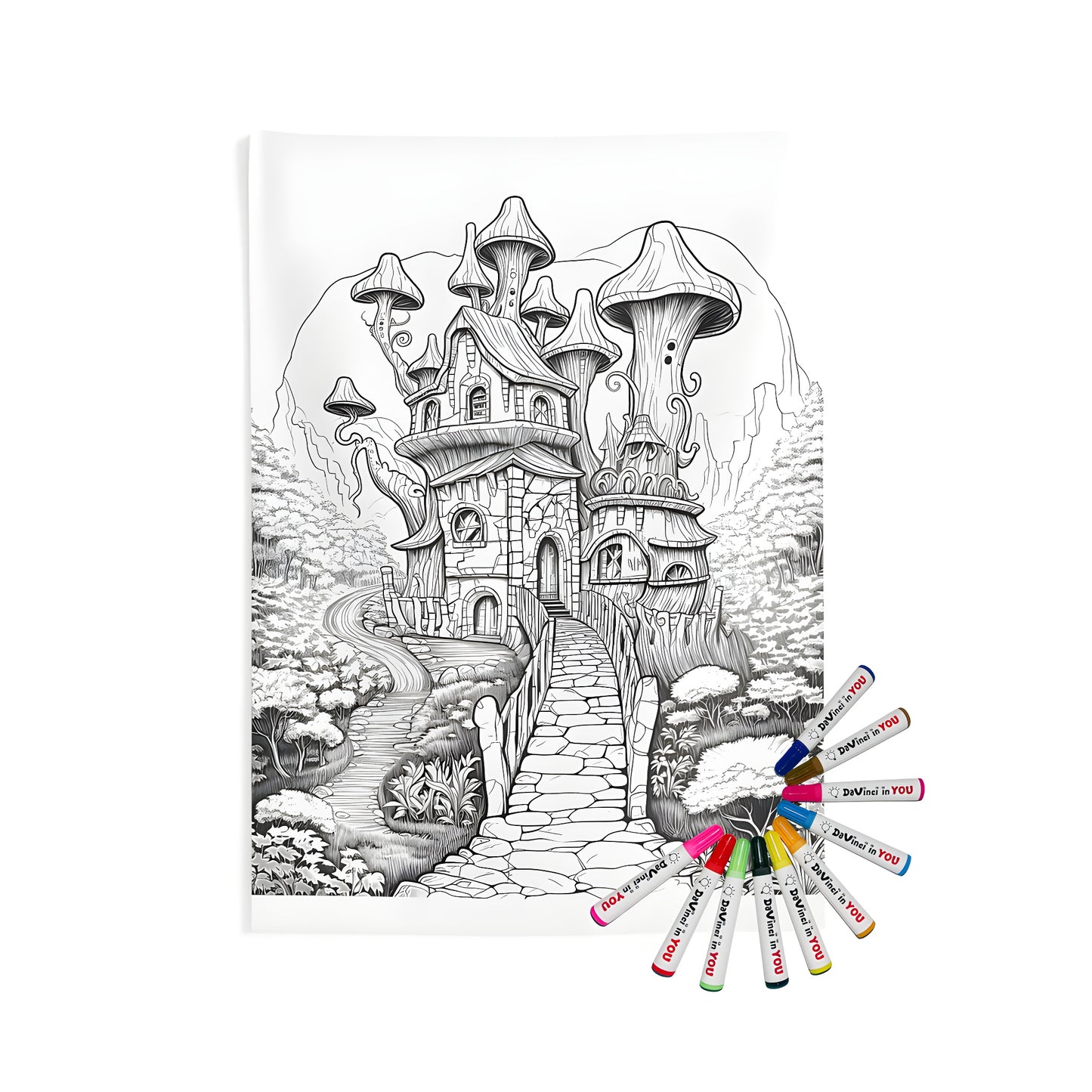 Indoor wall tapestry depicting a whimsical fantasy mushroom house scene with detailed forest surroundings. Perfect for bohemian decor and relaxation.